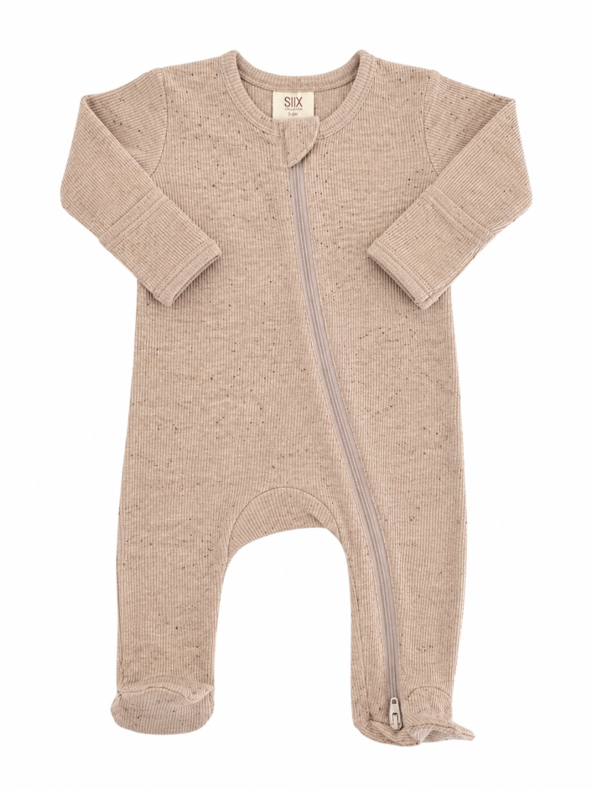 Tan ribbed baby onesie with a front zipper and long sleeves, featuring soft, stretchy fabric.