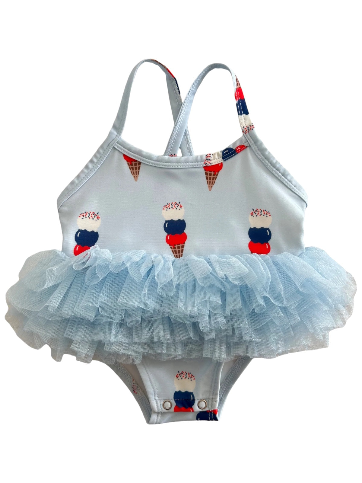 Light blue toddler swimsuit with ice cream print and ruffled bottom. Perfect for summer fun and beach activities.