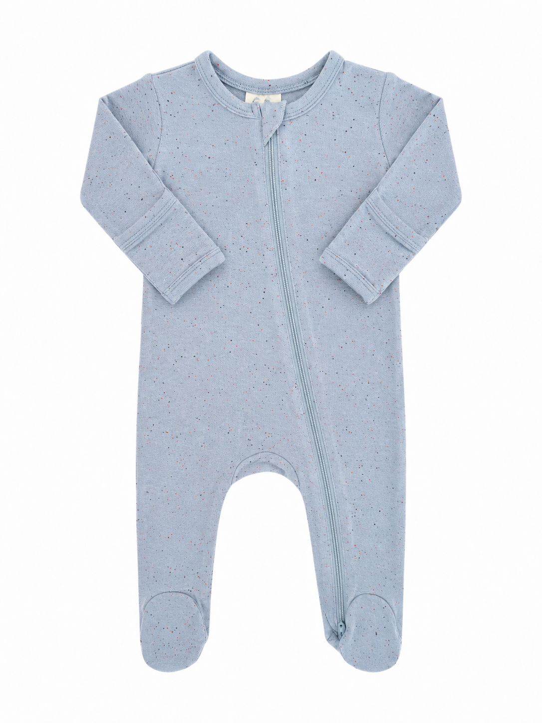 Light blue baby onesie with long sleeves and a front zipper, featuring speckled patterns throughout.