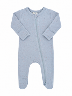 Light blue baby onesie with long sleeves and a front zipper, featuring speckled patterns throughout.
