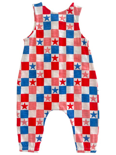 Red, white, and blue checkered romper with star patterns, suitable for kids.