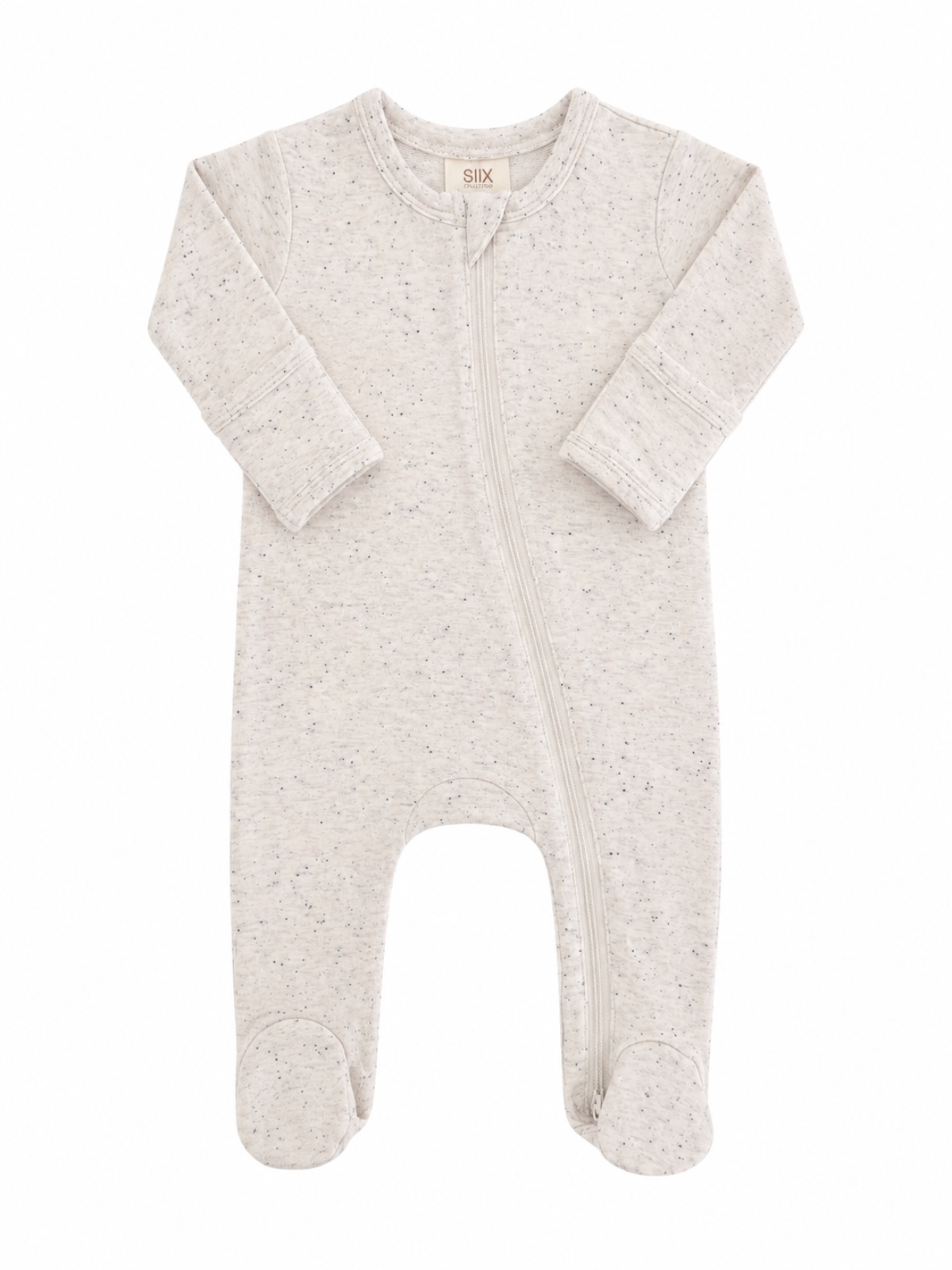 Light gray infant onesie with long sleeves and a front zipper, featuring footed bottoms.