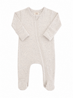 Light gray infant onesie with long sleeves and a front zipper, featuring footed bottoms.
