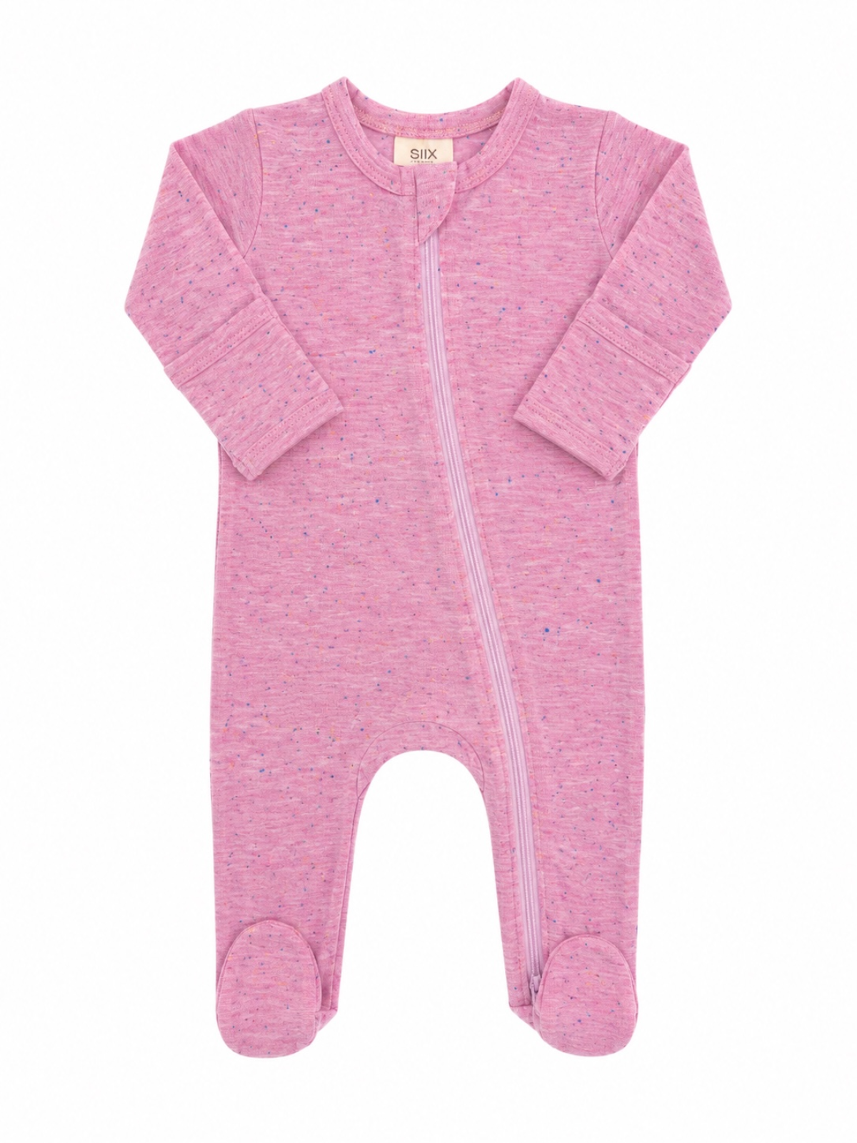 Pink baby onesie with long sleeves and zipper front, featuring footed design and soft, speckled fabric.