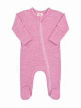 Pink baby onesie with long sleeves and zipper front, featuring footed design and soft, speckled fabric.