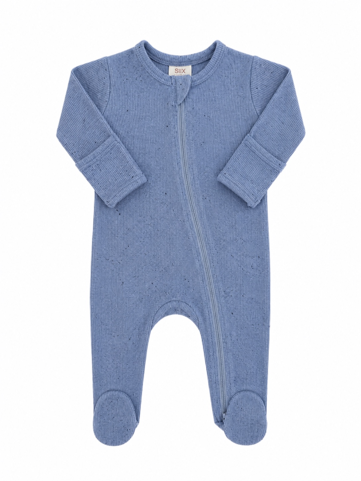 Light blue baby onesie with long sleeves, zip closure, and footed design. Ideal for comfort and warmth.