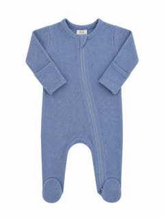 Light blue baby onesie with long sleeves, zip closure, and footed design. Ideal for comfort and warmth.