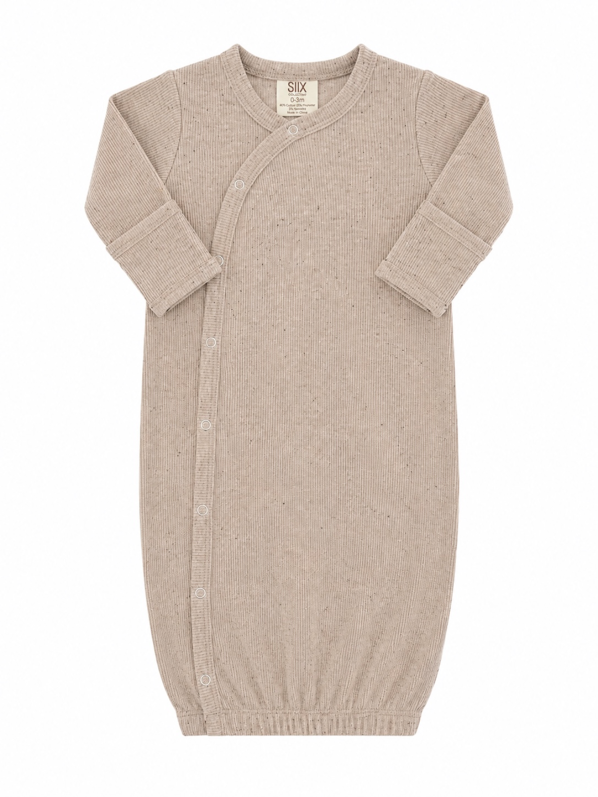 Light beige newborn sleep sack with ribbed texture and snap buttons, designed for comfort and ease of use.