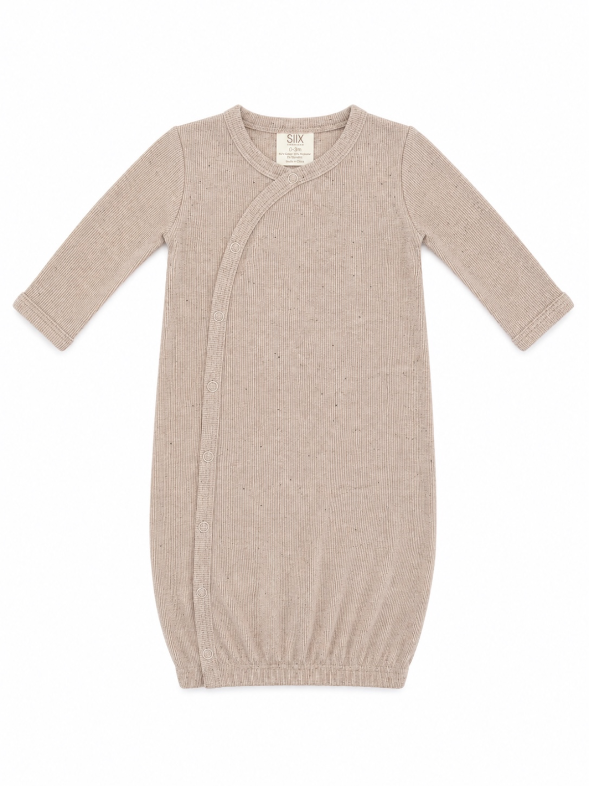 Beige ribbed baby gown with long sleeves and snap-button closure for easy dressing.
