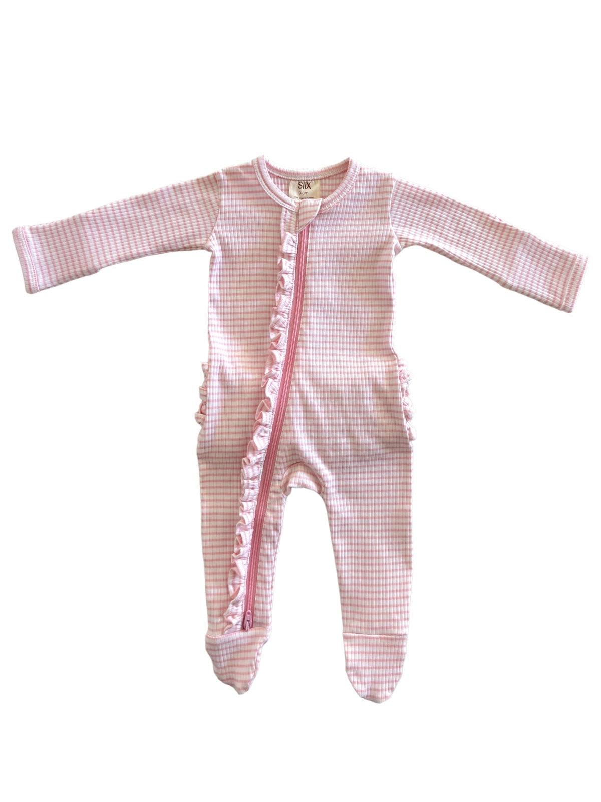 Pink gingham baby onesie with ruffled sides and a zipper down the front, ideal for comfort and style.