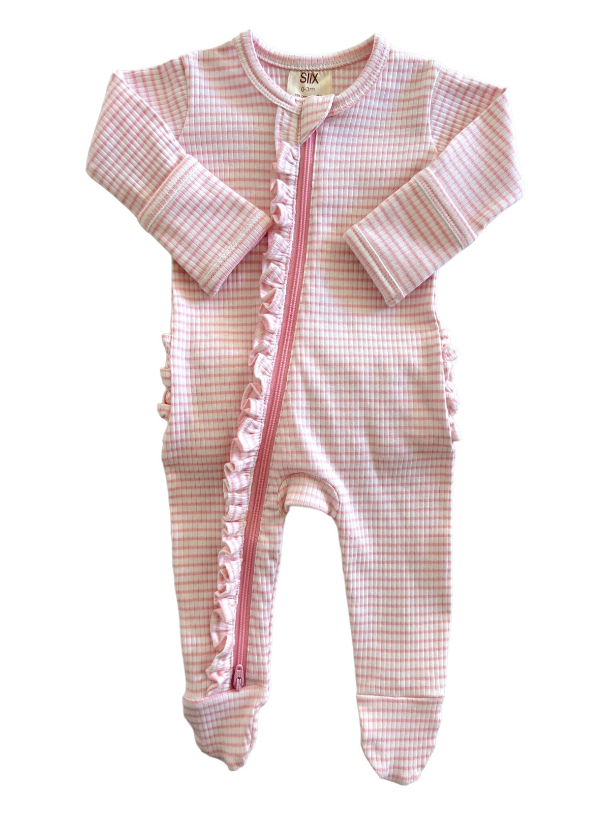 Pink checkered baby onesie with ruffled sides and a front zip closure, suitable for newborns.