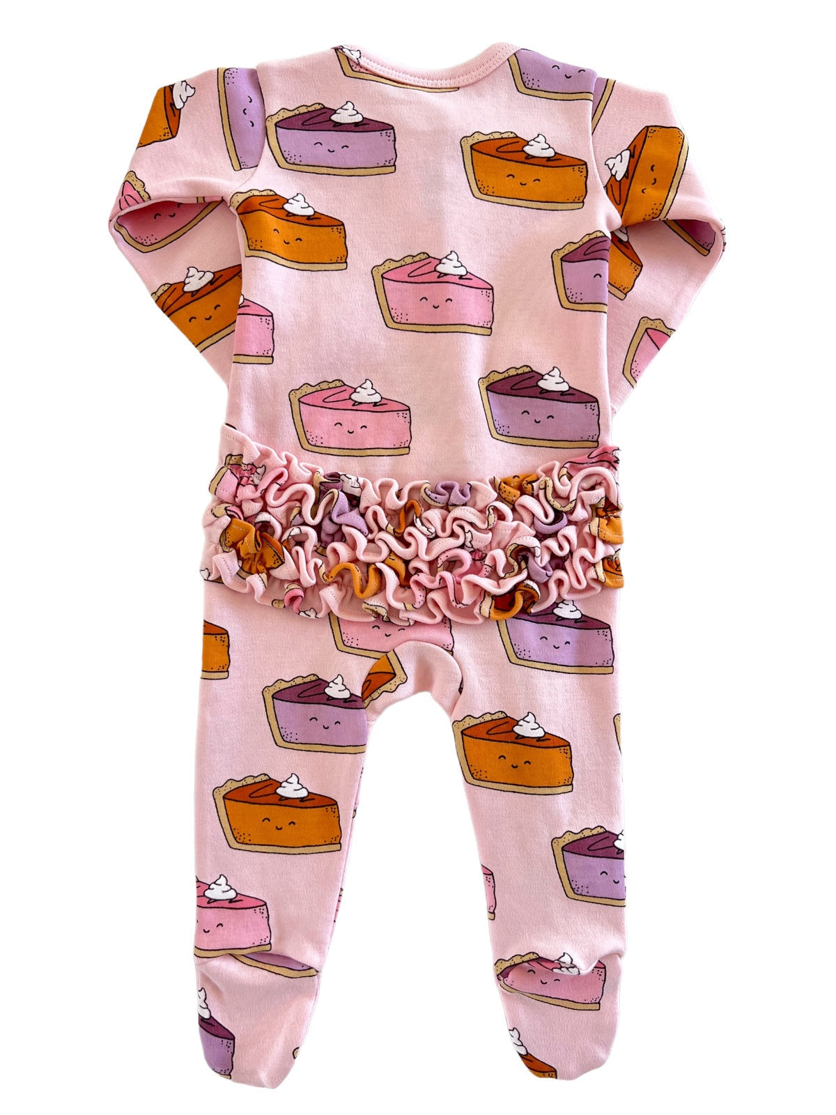 Pink toddler pajamas with dessert prints and a ruffled waistband featuring colorful pie designs.