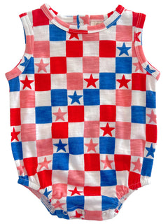 Colorful baby romper featuring a red, white, and blue star and checkered pattern.