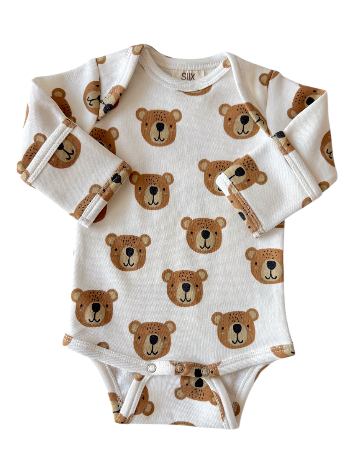 Long-sleeve baby bodysuit with a cute bear print in shades of brown on a light background.