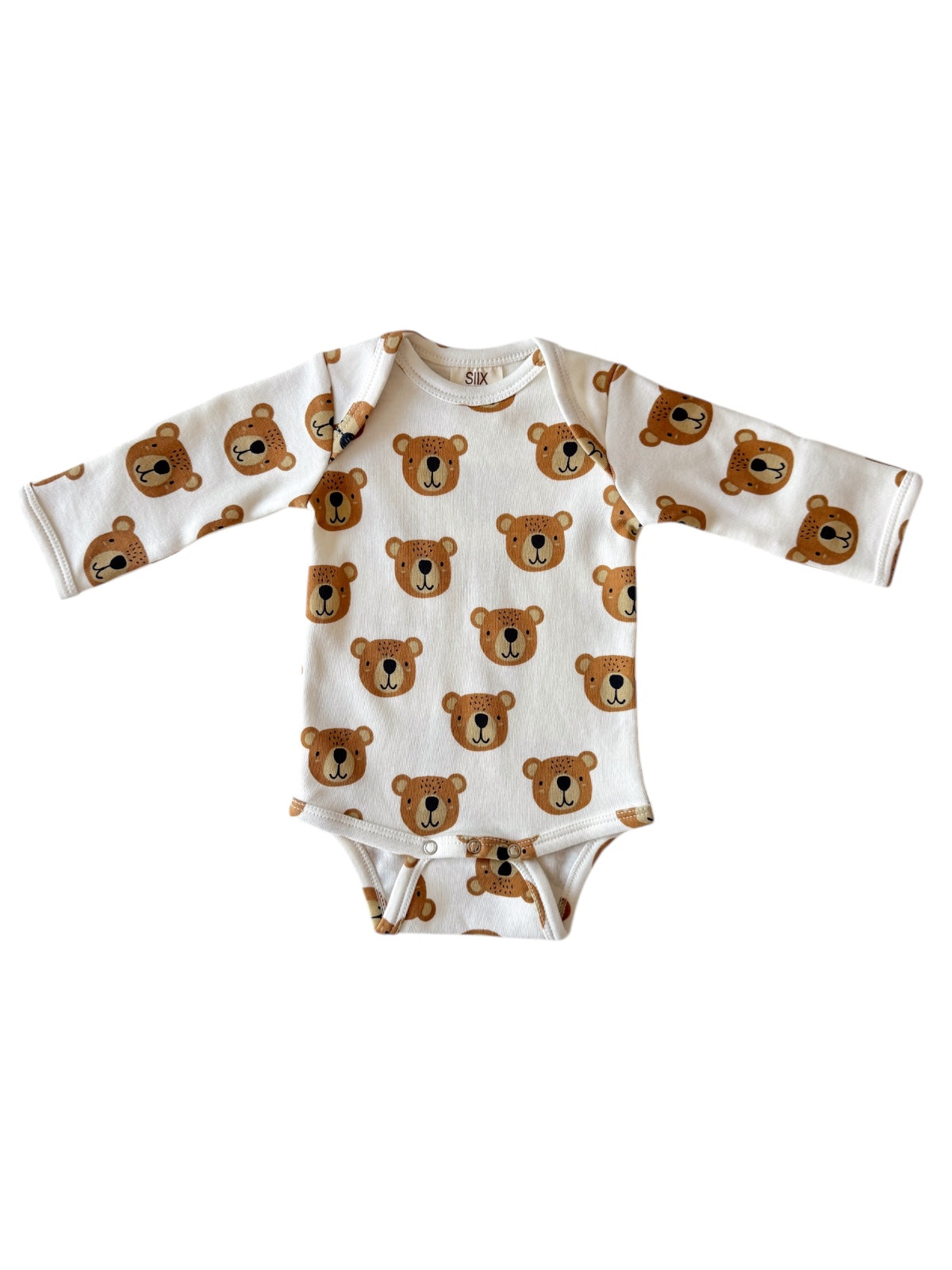 Baby onesie with long sleeves featuring a playful bear face pattern in brown on a white background.