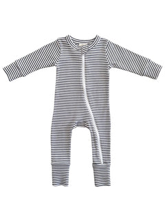 Black and white striped baby jumpsuit with long sleeves and a front zipper.