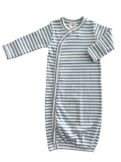 Striped baby gown in blue and white, featuring a snap closure and long sleeves for comfort and easy dressing.