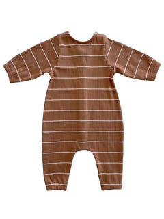 Brown striped baby romper with long sleeves and ribbed texture, perfect for casual wear.