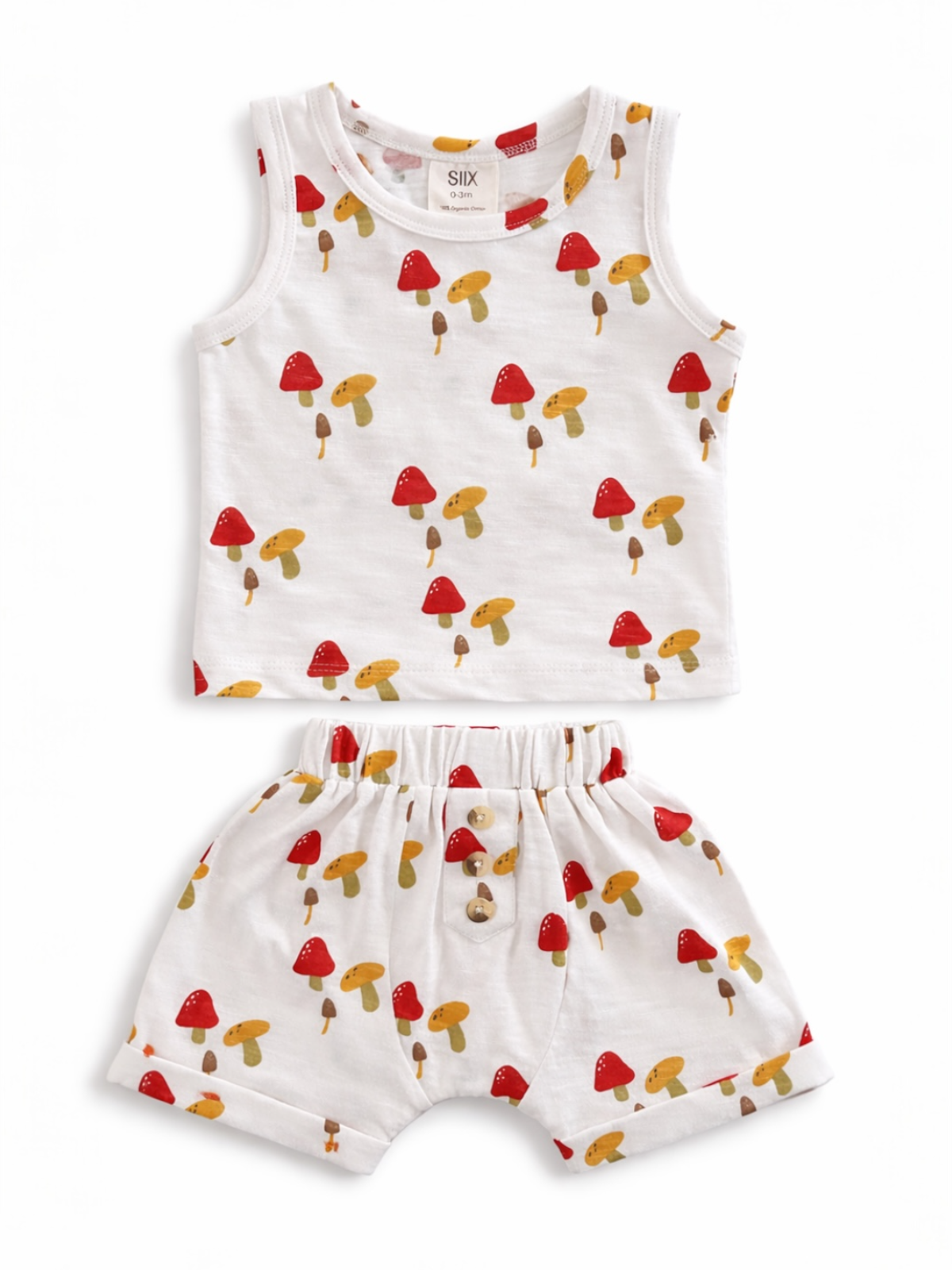 White baby outfit featuring a tank top and shorts with colorful mushroom prints. Perfect for infants.