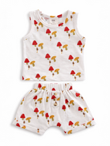 White baby outfit featuring a tank top and shorts with colorful mushroom prints. Perfect for infants.