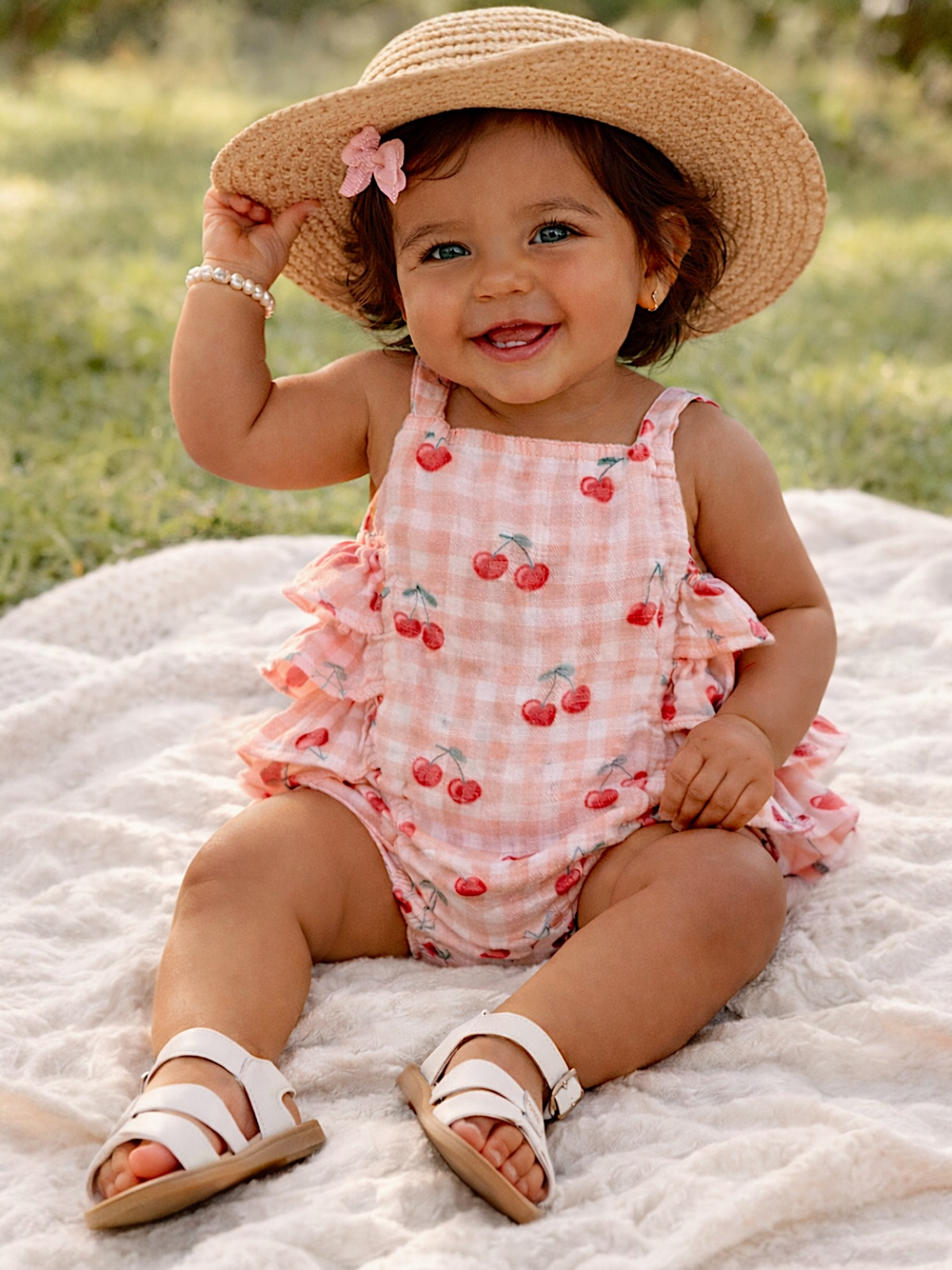 Smiling baby girl in a cherry-patterned outfit and straw hat, seated on soft fabric outdoors.