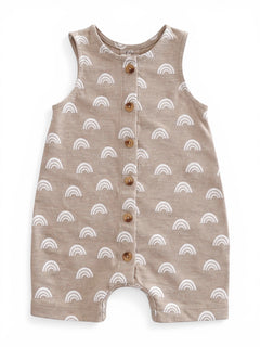 Tan romper decorated with white rainbows and wooden buttons down the front. Ideal for infants and toddlers.