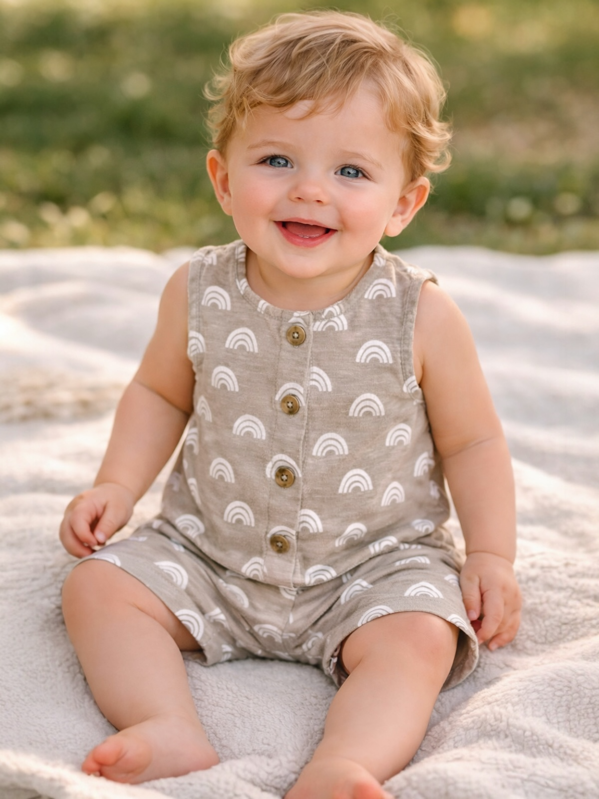 Smiling baby in a rainbow-patterned outfit seated on a blanket outdoors. Bright eyes and cheerful expression.