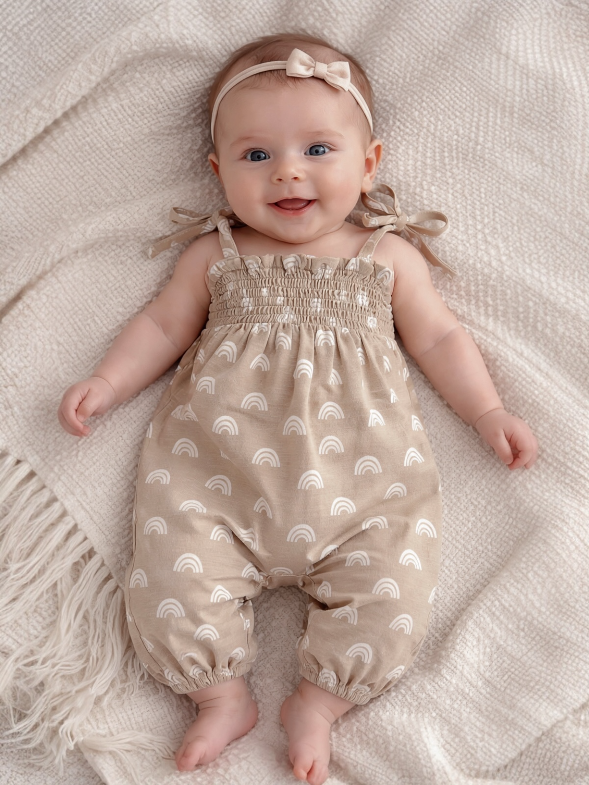 Smiling baby in a beige rainbow-patterned romper, laying on a cozy blanket with a cute headband.