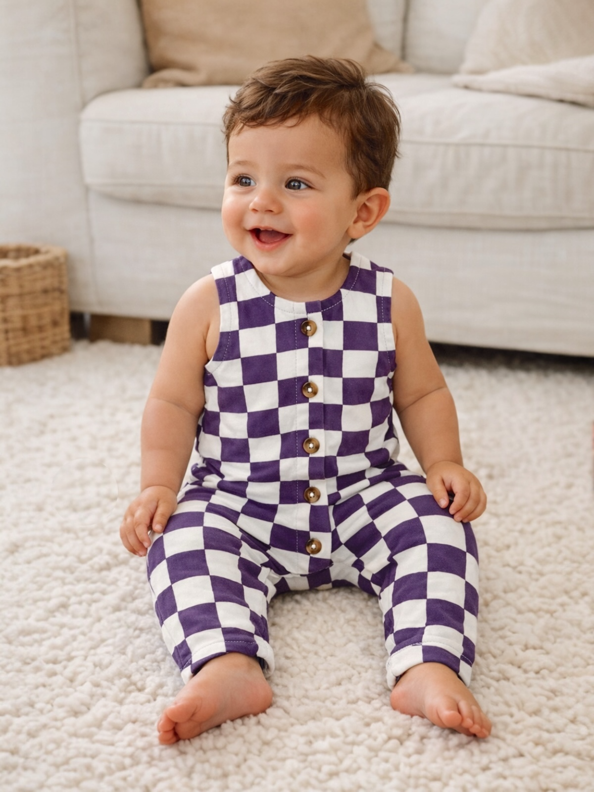 Smiling baby in purple and white checkered outfit sitting on a soft rug in a cozy living room.