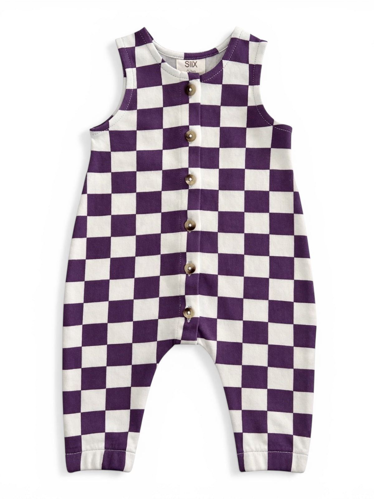 Purple and white checkered romper with buttons, designed for infants or toddlers.