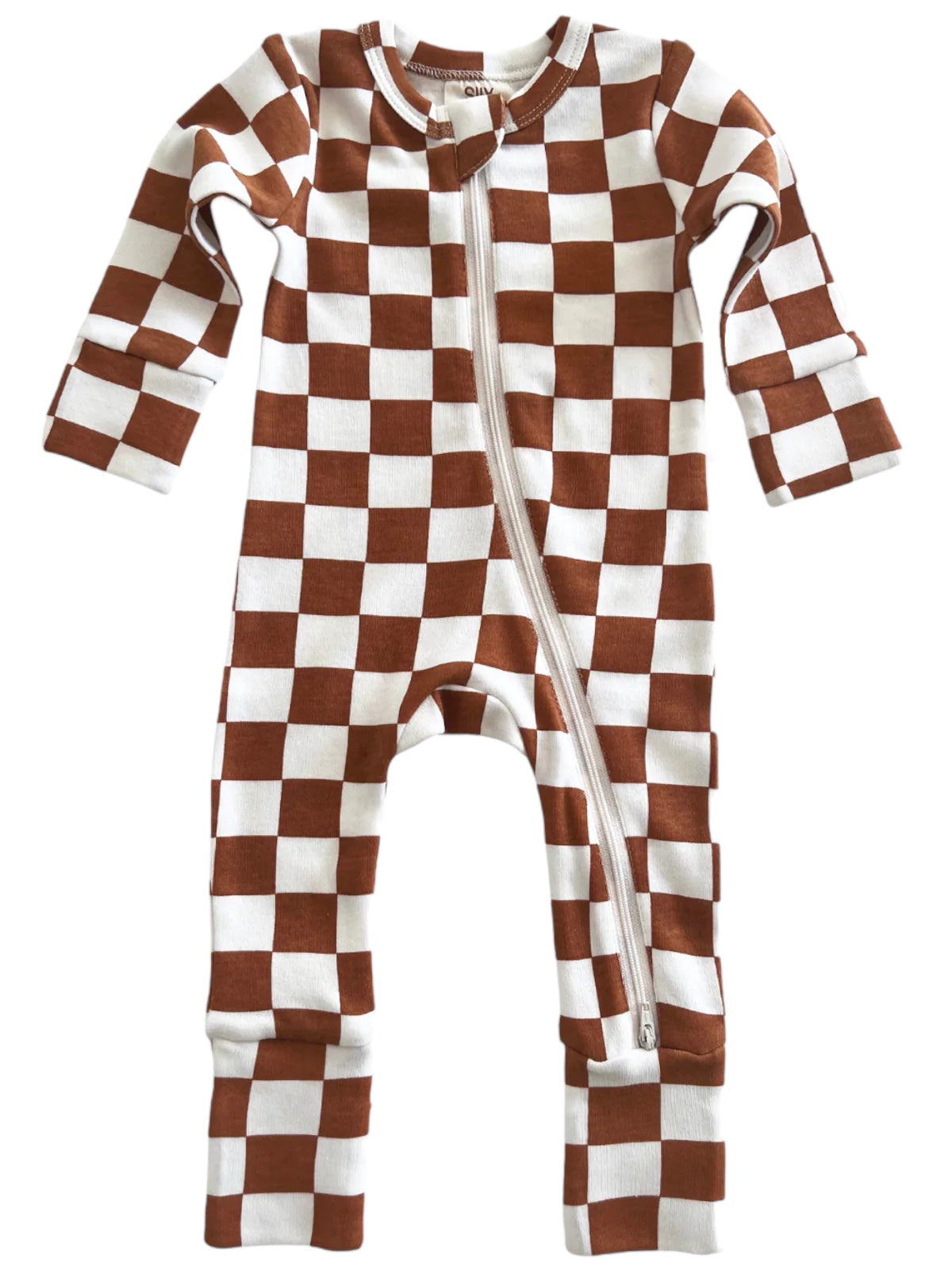 Brown and white checkered baby onesie with a front zipper and long sleeves.