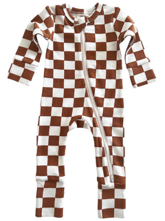 Brown and white checkered baby onesie with a front zipper and long sleeves.