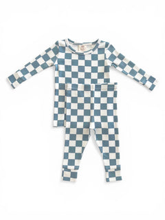 Blue and white checkered pajama set for kids, includes long sleeve top and matching pants.