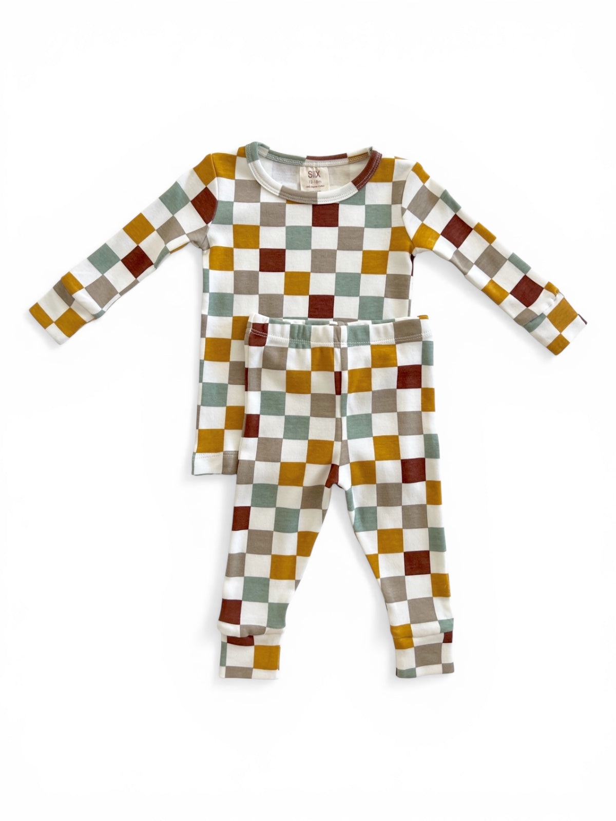 Colorful children's pajama set featuring a long-sleeve top and coordinating pants with checkerboard pattern.