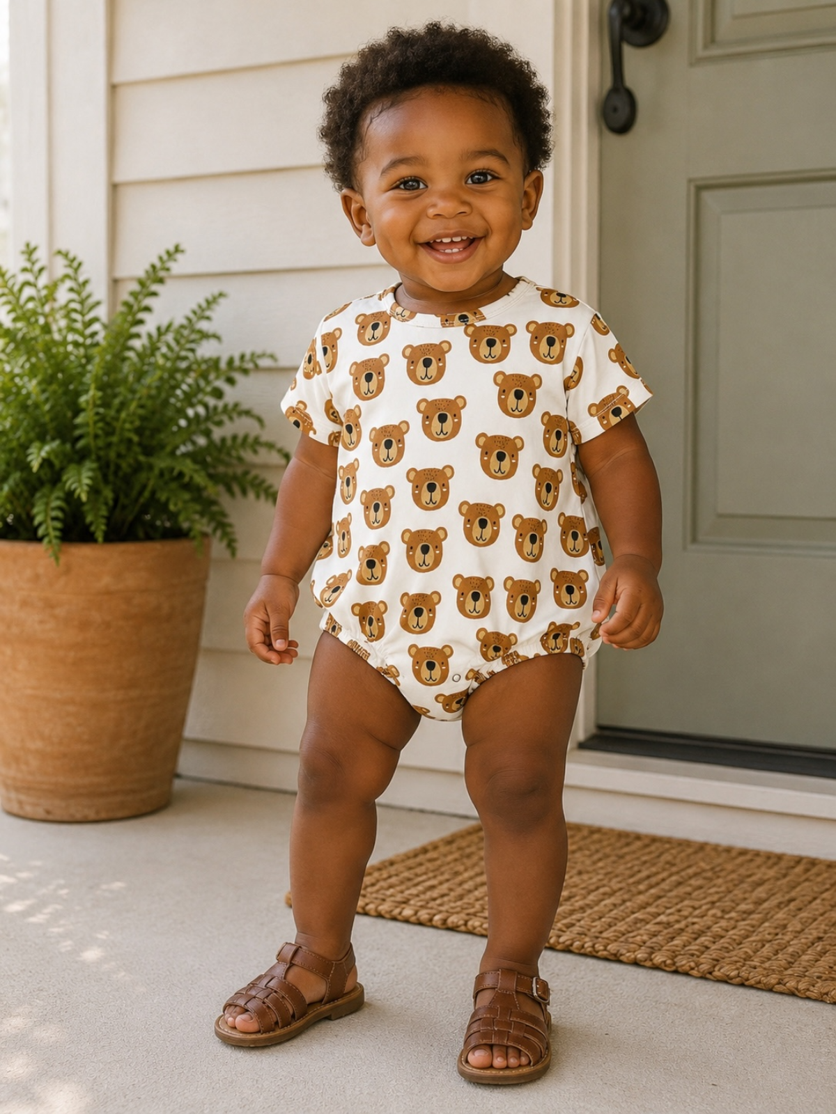 Smiling toddler in a bear-patterned onesie stands on a porch, surrounded by greenery and natural light.