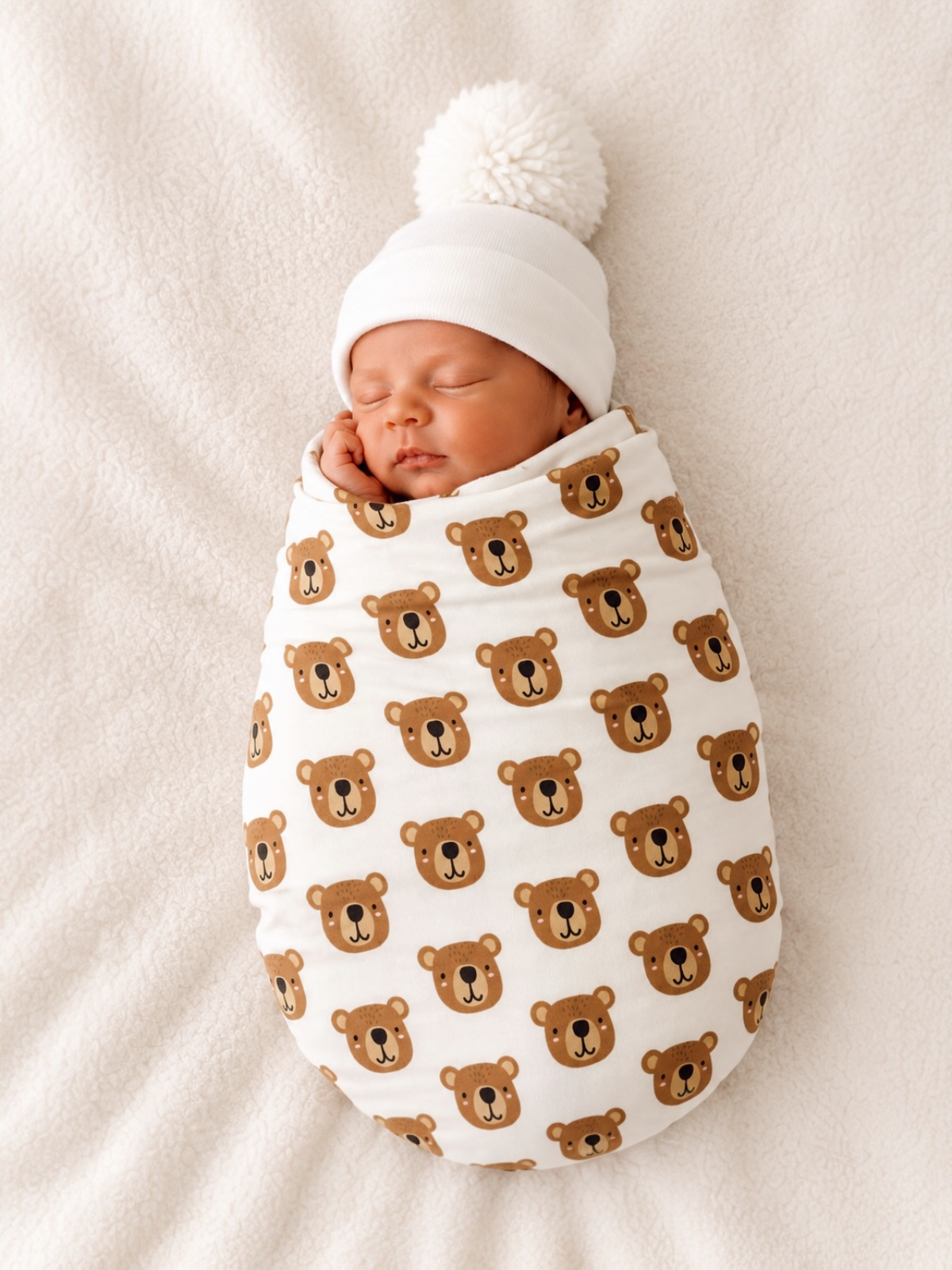 Newborn swaddled in a bear-patterned blanket, wearing a white hat, resting peacefully on a soft background.