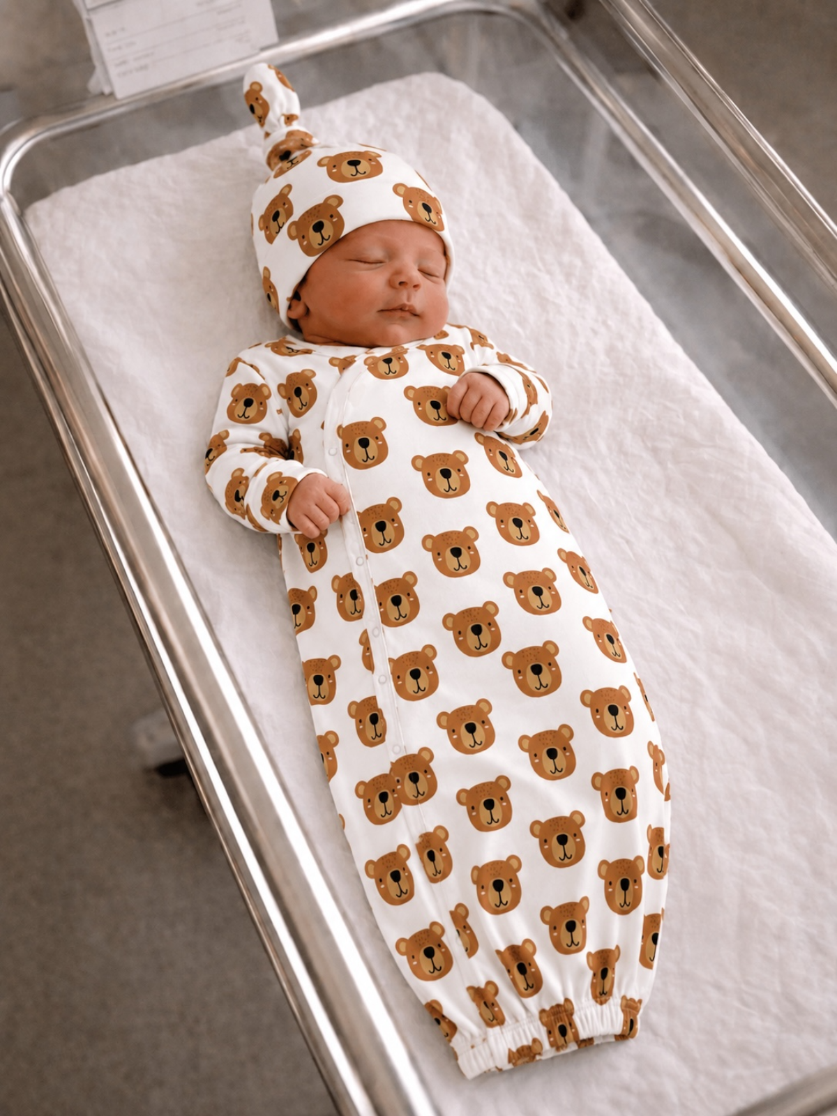 Sleeping newborn in bear-patterned onesie and hat, resting in a hospital bassinet.