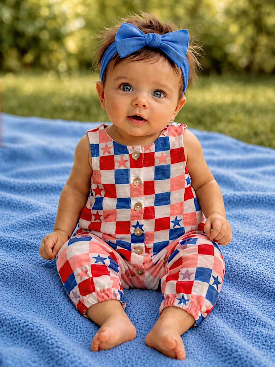 Baby girl in a star-patterned romper and blue bow sits on a blue blanket in a sunlit outdoor setting.