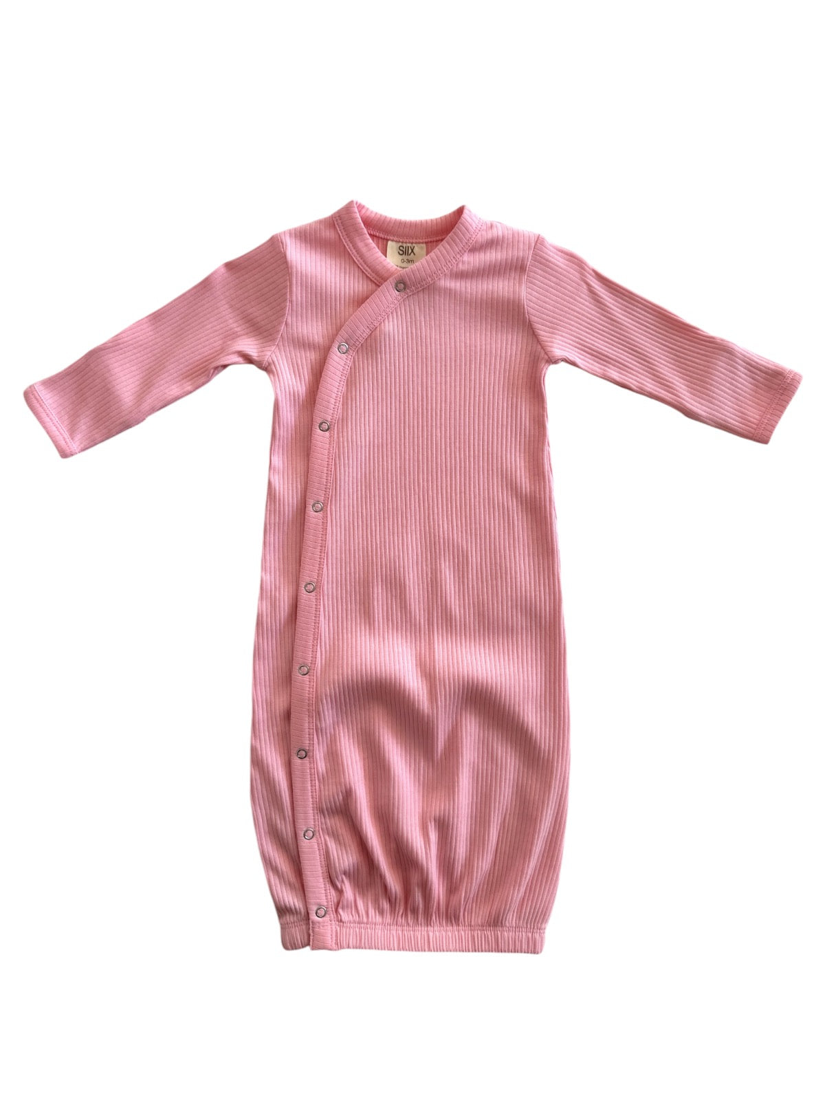 Pink ribbed baby gown with long sleeves and snap buttons down the side for easy dressing.