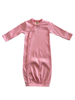 Pink ribbed baby gown with long sleeves and snap buttons down the side for easy dressing.