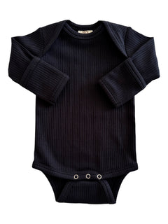 Black long-sleeve ribbed baby bodysuit with snap closure at the bottom, featuring comfortable fit and stylish design.