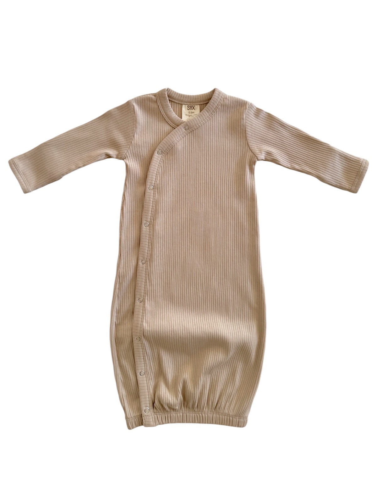 Tan ribbed baby gown with long sleeves and snap closures, ideal for comfort and easy dressing.