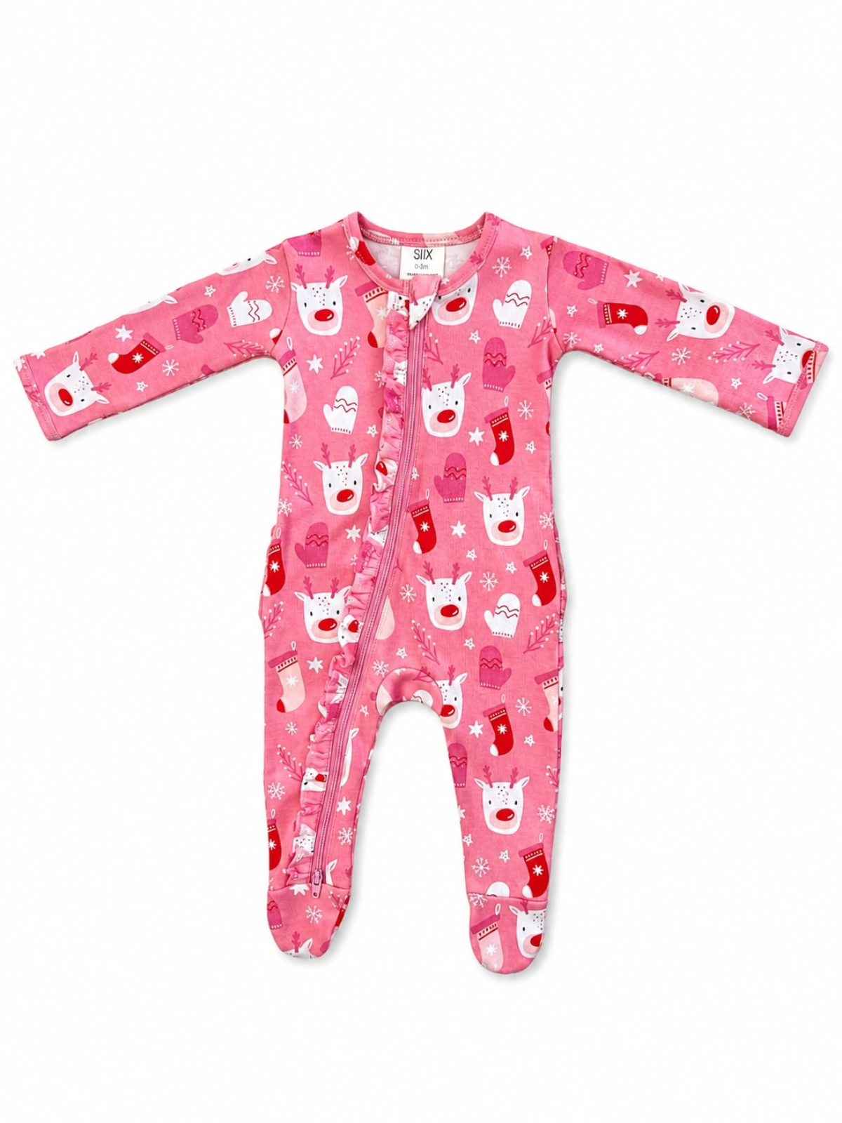 Pink baby onesie with festive reindeer and snowflake patterns, featuring long sleeves and a front zipper.