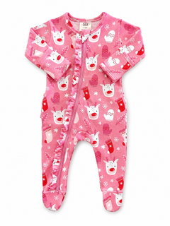 Pink baby onesie with festive reindeer and holiday motifs, featuring a front zipper and ruffle trim.