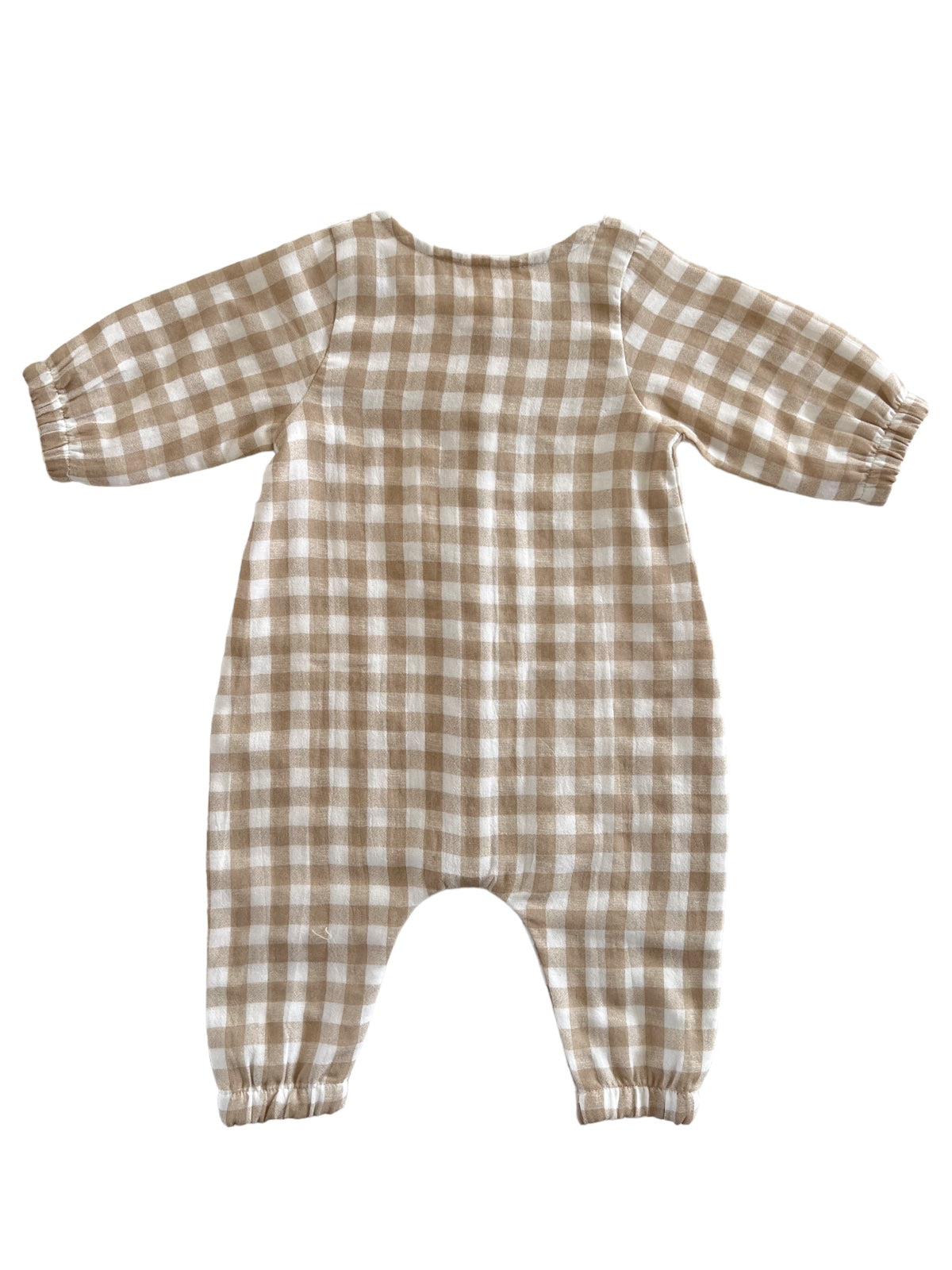 Beige and white gingham baby romper with long puff sleeves and elastic cuffs. Back view.