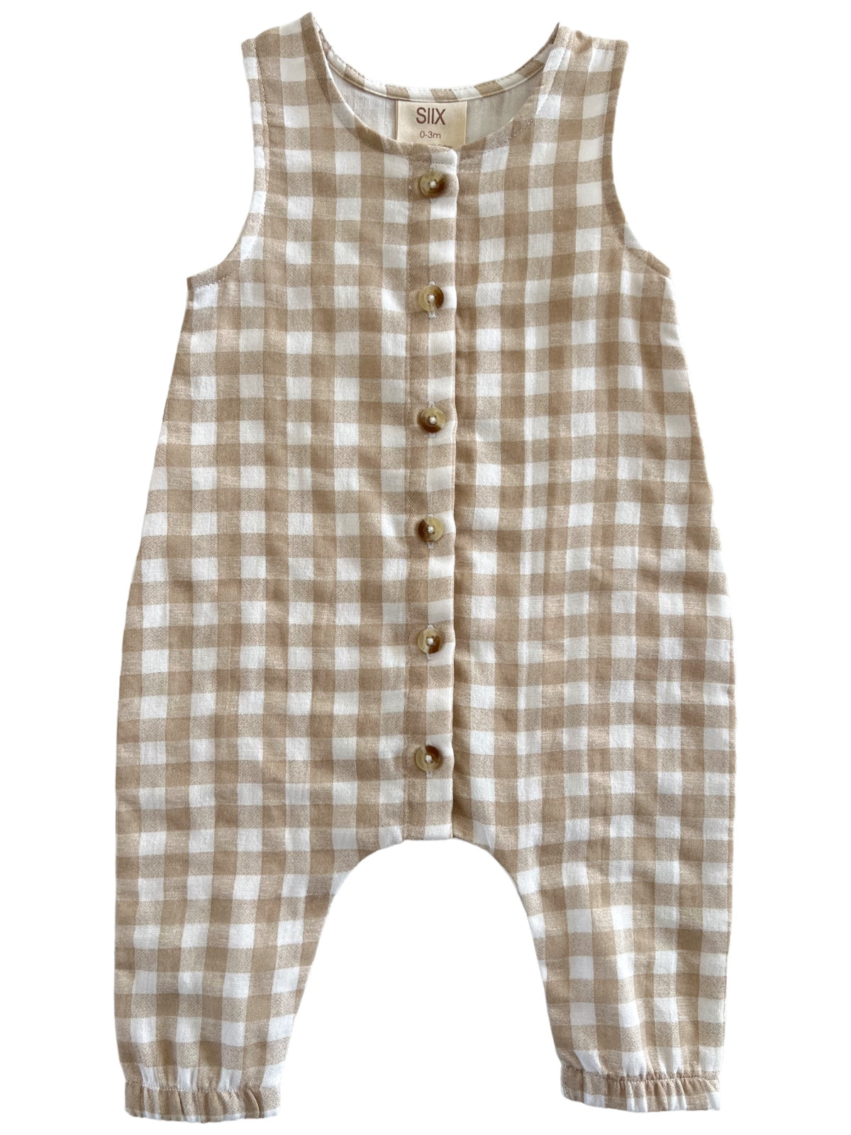 Beige and white checkered baby romper with buttons down the front and elastic cuffs.