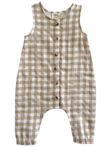 Beige and white checkered baby romper with buttons down the front and elastic cuffs.