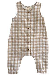 Beige and white checkered baby romper with buttons down the front and elastic cuffs.