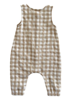 Light brown and white checkered toddler romper seen from the back, featuring loose-fitting legs and a sleeveless design.
