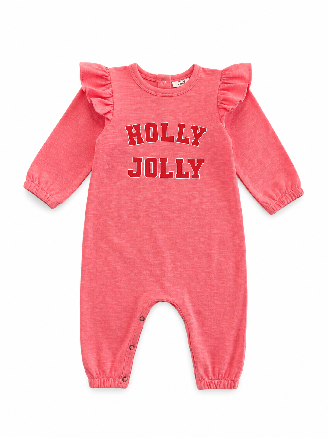 Pink baby romper with ruffled sleeves, featuring the text 